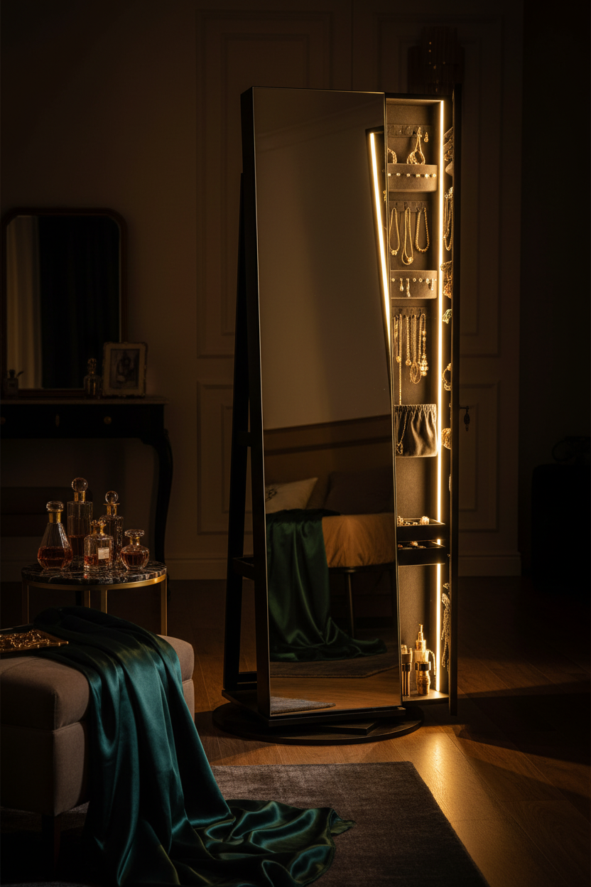 Armoire bijoux pivotante miroir LED luxe Fériona