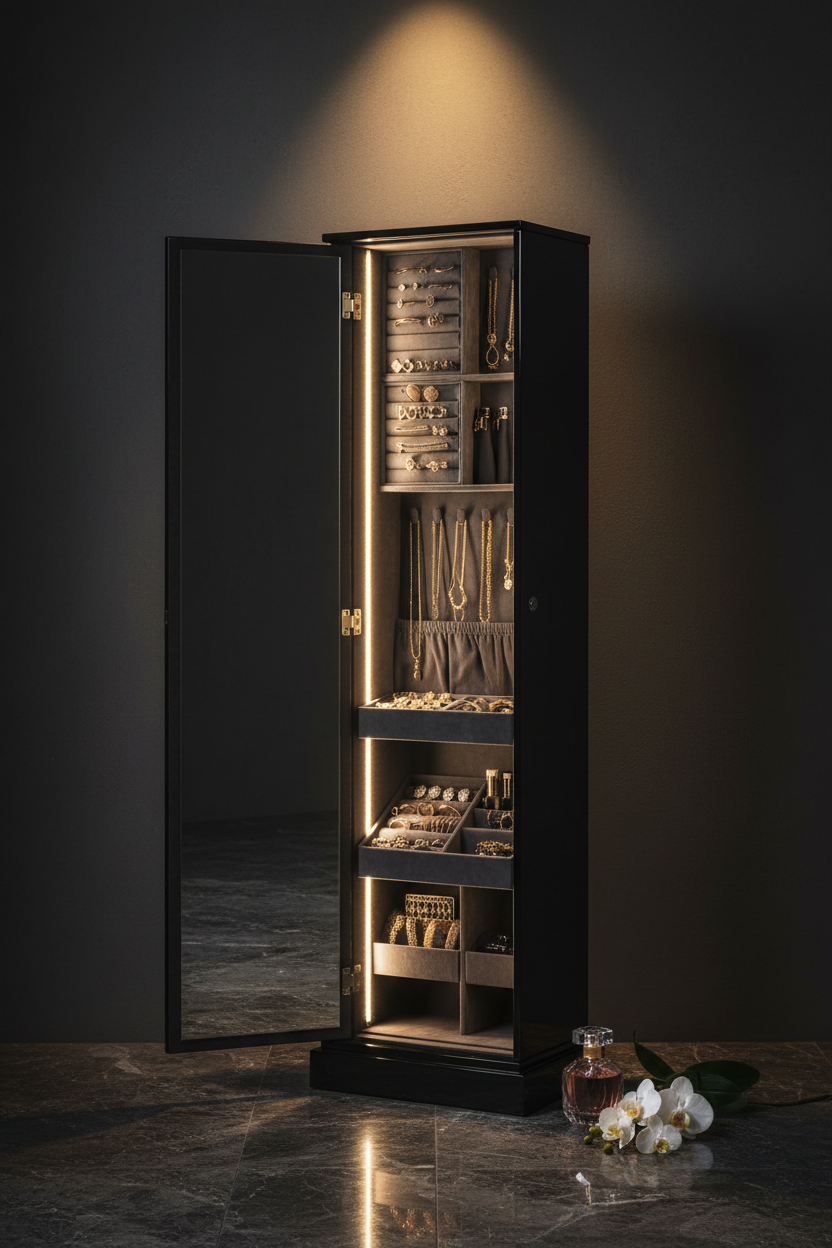 Armoire bijoux noire pivotante miroir LED luxe Fériona