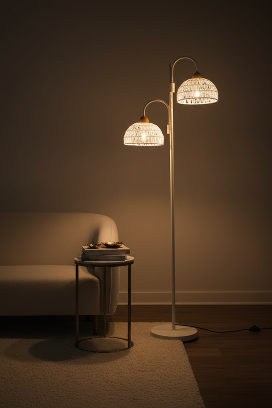 Lampadaire 2 Lampes Abat-Jours Tissés Blanc Luxe Fériona