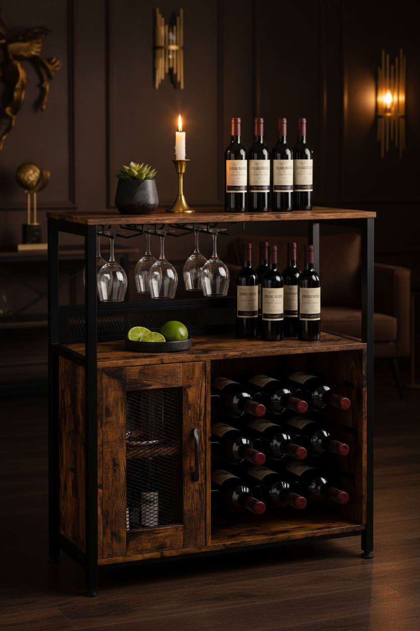Meuble Bar Vin Industriel 9 Bouteilles 6 Verres Brun Rustique Luxe Fériona