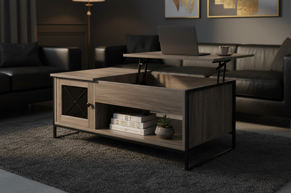 Table Basse Plateau Élévateur Pneumatique Rangement Gris Luxe Fériona