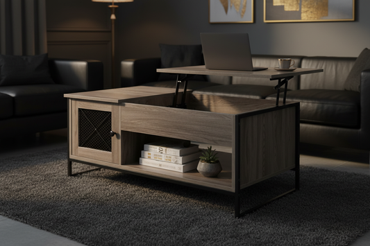 Table Basse Plateau Élévateur Pneumatique Rangement Gris Luxe Fériona